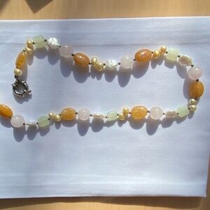 Multi stone & pearl beaded yellow jade with baroque pearls necklace